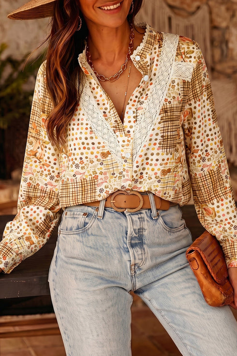 Floral Lace Trim Button Down Long Sleeve Blouse