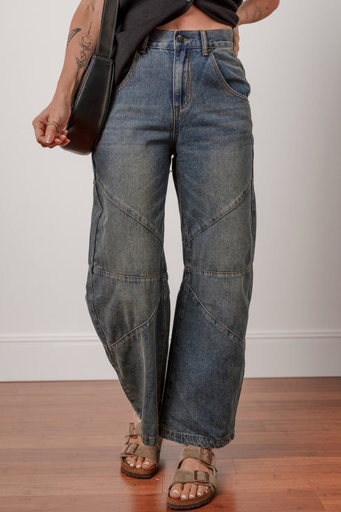Exposed Stitching High Waist Relaxed Wide Leg Jeans