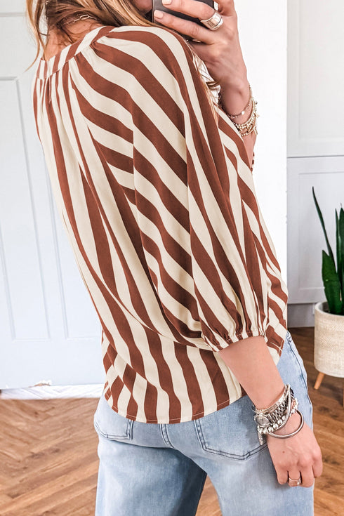 Striped Pattern V Neck Half Sleeve Blouse