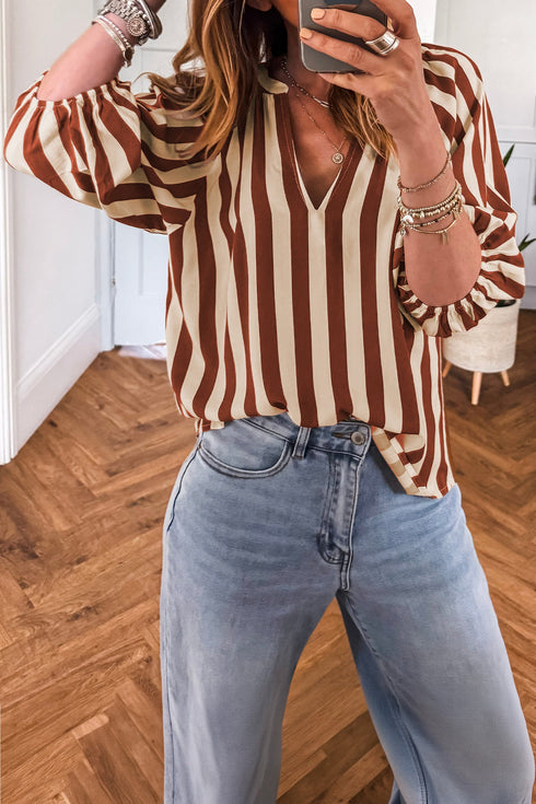 Striped Pattern V Neck Half Sleeve Blouse