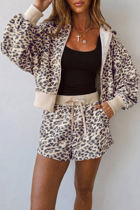 Leopard Zip Up Hooded Drawstring Pant Short Set