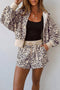 Leopard Zip Up Hooded Drawstring Pant Short Set