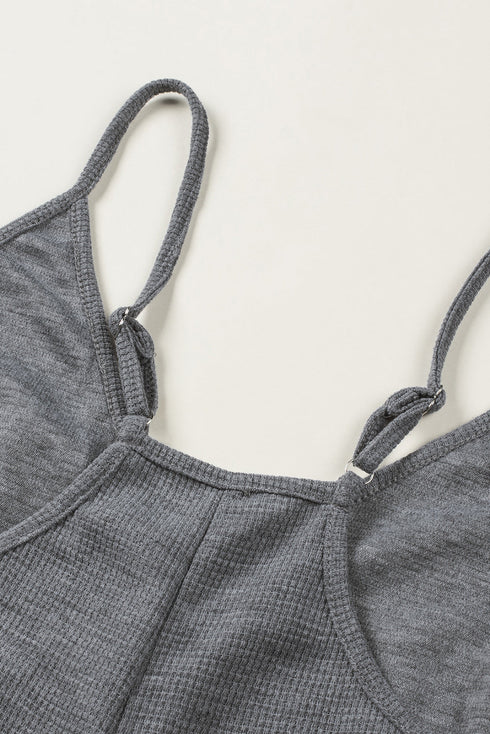 Exclusive Textured Ribbed Sleeveless V Neck Pocketed Jumpsuit