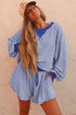 Striped Oversized Long Sleeve Top Drawstring Short Set