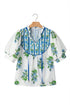 Floral Print Contrast Trim Puff Sleeve Tie Neck Blouse