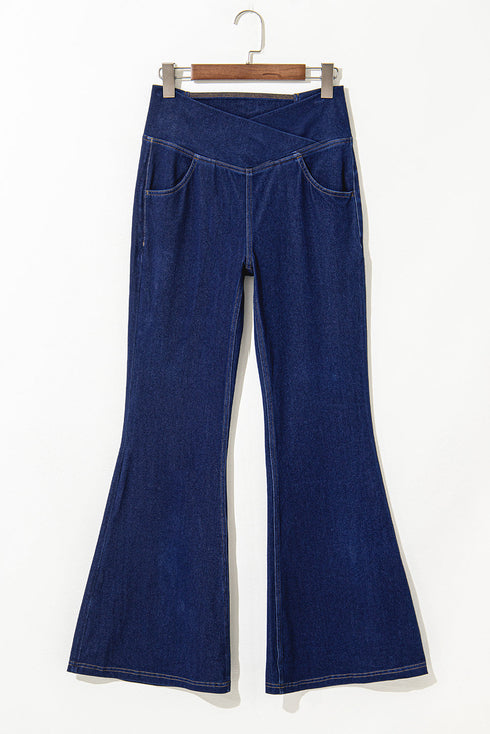 High Stretch Crossed Waist Flare Knit Denim Jeans