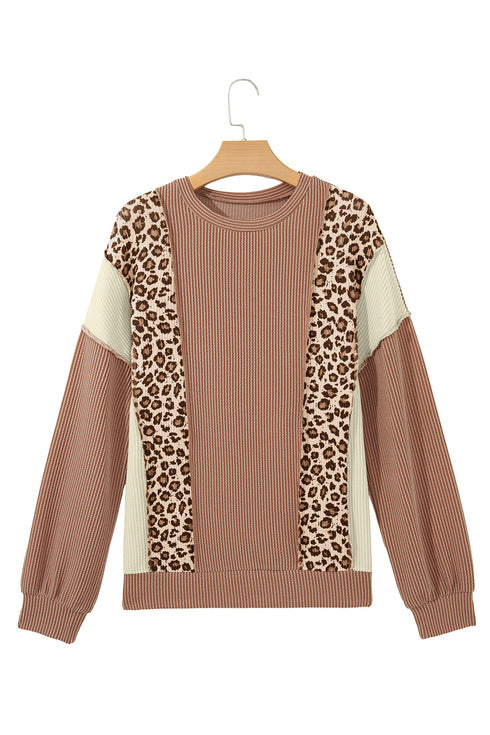 Leopard Print Ribbed Knit Corded Long Sleeve Top