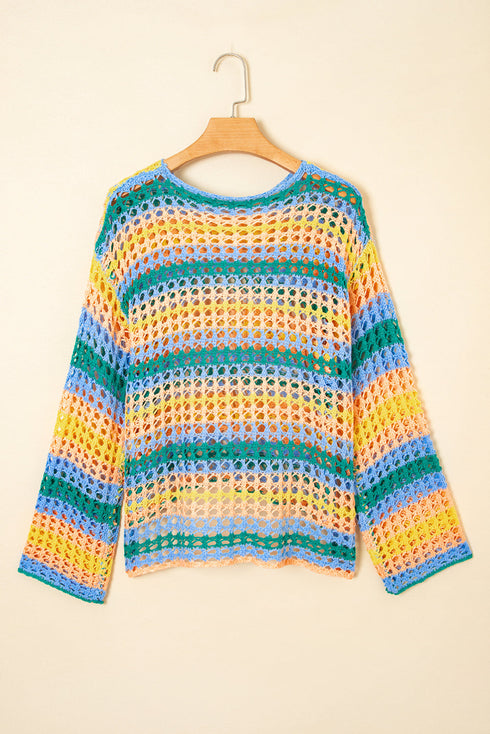 Long Sleeve Striped Open Knit Boho Crochet Top