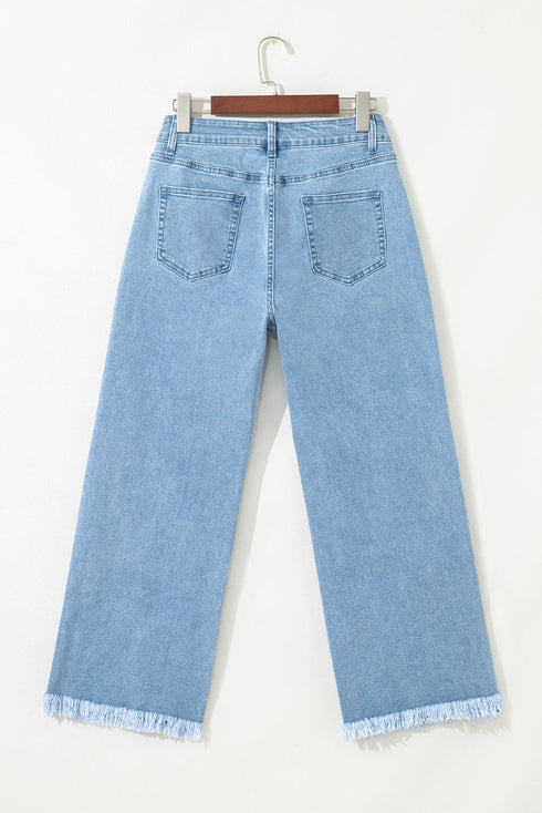 High Rise Cropped Washed Denim Wide Leg Jeans