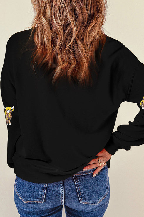 Sequined Western Print Long Sleeve Pullover Sweatshirt