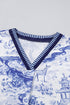 Wild Animal Print Striped Trim Short Sleeve V Neck Blouse