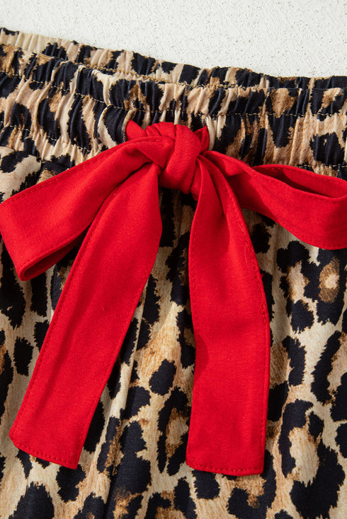 Plaid Leopard Print Patchwork Long Sleeve Shorts Sleepwear