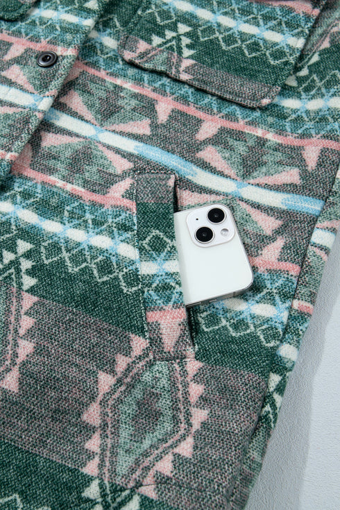 Geometric Print Button Front Long Sleeve Jacket