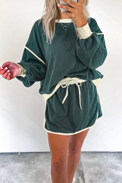 Paneled Loose Pullover And Lace Up Skort Two Piece Set