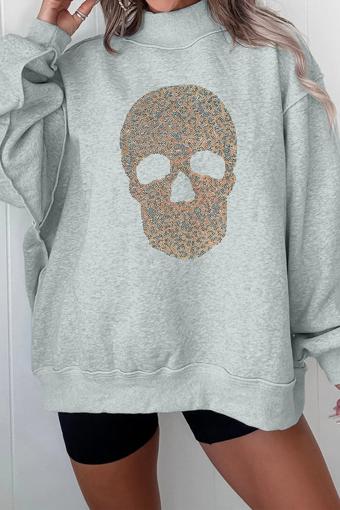 Rhinestone Skull Graphic Mock Neck Baggy Pullover Sweatshirt