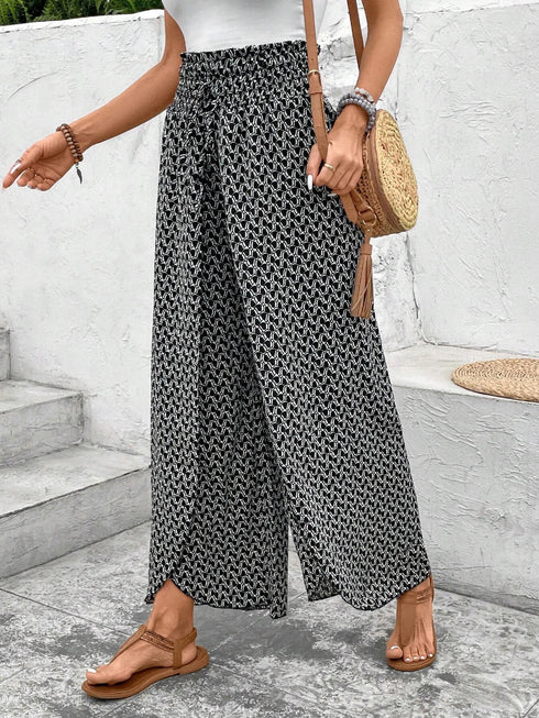 Bohemian Print Smocked High Waist Wide Leg Slit Pants