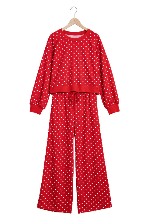 Polka Dot Drawstring Wide Leg Long Sleeve Pant Set