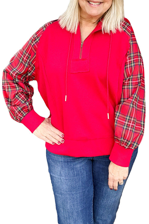 Plaid Sleeve Zip Up Shift Ribbed Hem Hoodie