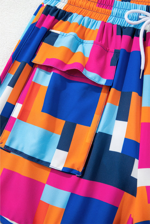 Geometric Print Asymmetric Crop And Cargo Shorts Set