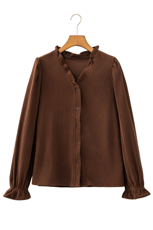 Ruffle Trim V Neck Corduroy Button Jacket