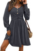 Shirred Cuff Long Sleeve Button Round Neck Mini Dress