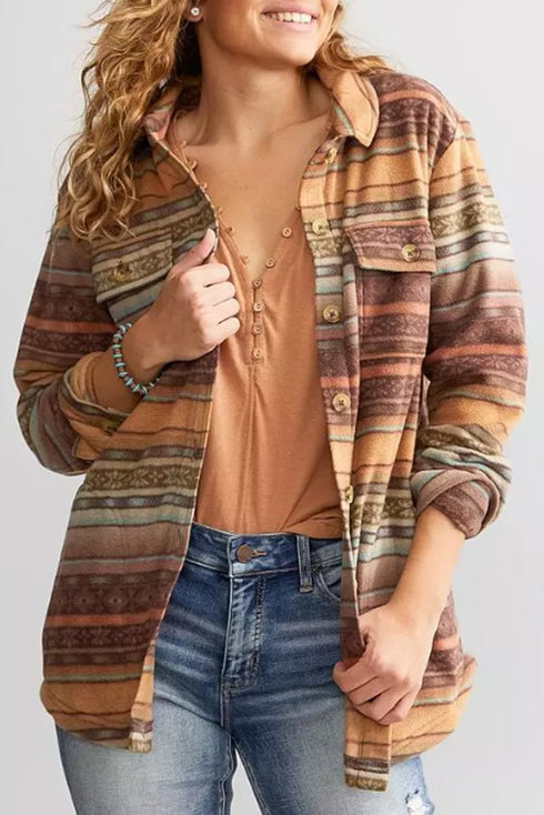 Geometric Print Fleece Button Down Shirt Jacket