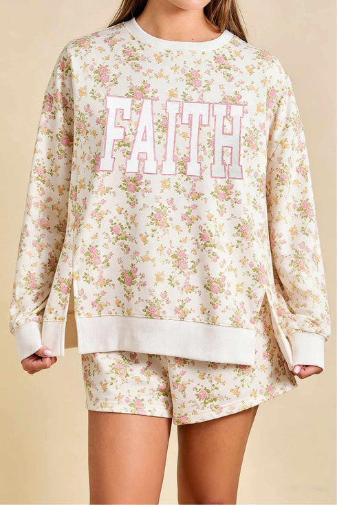 Floral Print Faith Letter Graphic Long Sleeve Top Shorts Two Piece Set