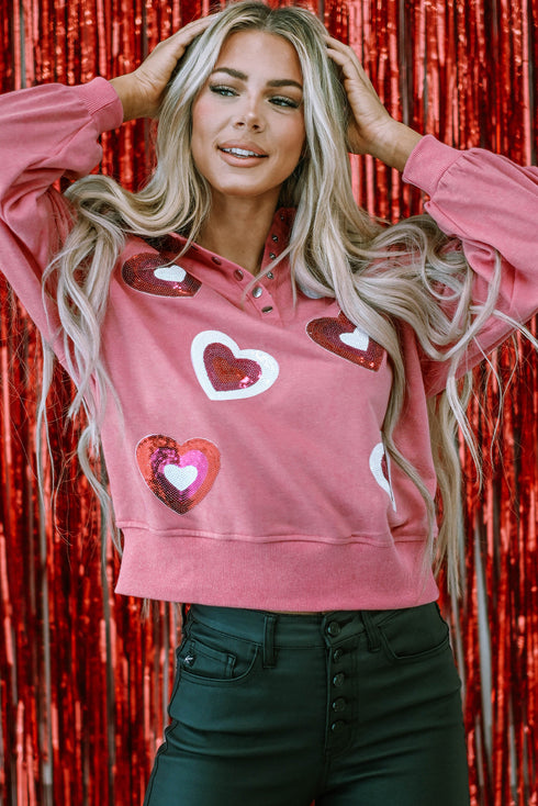 Sequin Heart Applique Snap Button Collared Pullover Sweatshirt