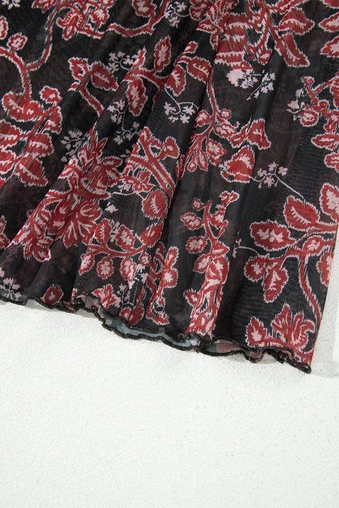 Retro Floral Print Long Sleeve Mesh Maxi Dress