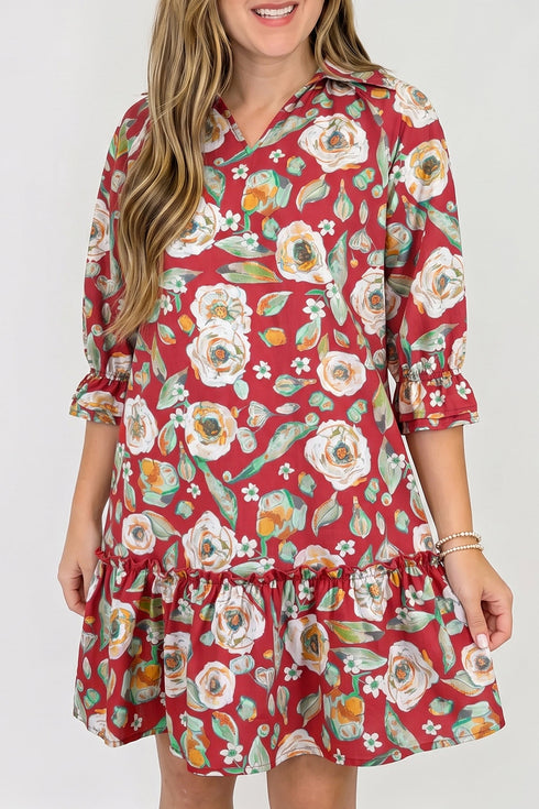 Floral Print Half Sleeve Short Shift Dress