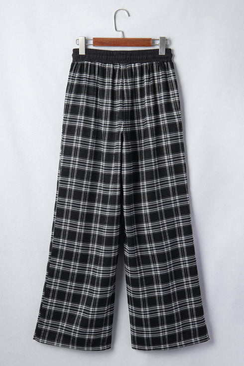 French Plaid Drawstring Waist Wide Leg Pants