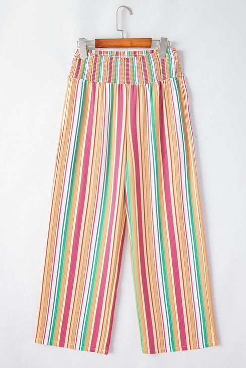 Bohemian Striped Smocked High Waist Wide Leg Pants
