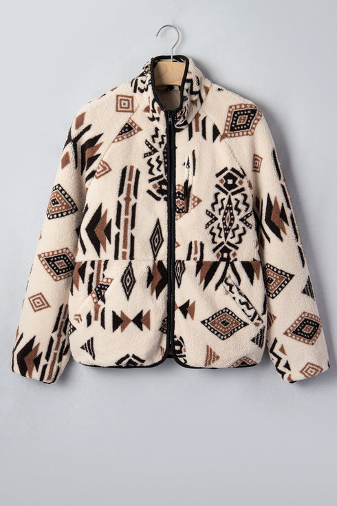 Geometric Print Long Sleeve Shirt Collar Zip Up Placket Binding Tape Jacket