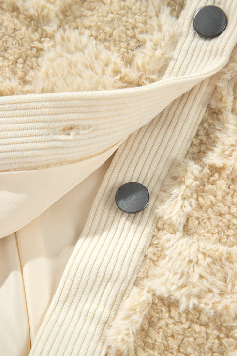 Checkered Corduroy Trim Metal Button Sherpa Jacket