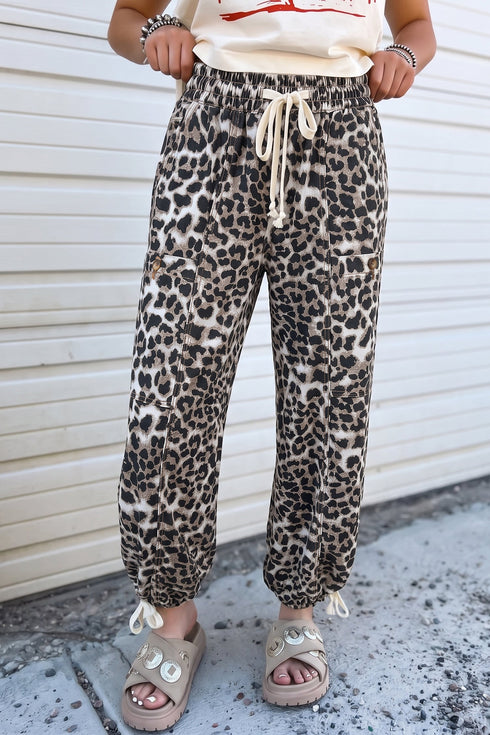 Cotton Denim Leopard Print Drawstring Jogger Jeans