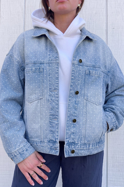 Polka Dot Long Sleeve Collar Pocket Shift Silhouette Denim Jacket