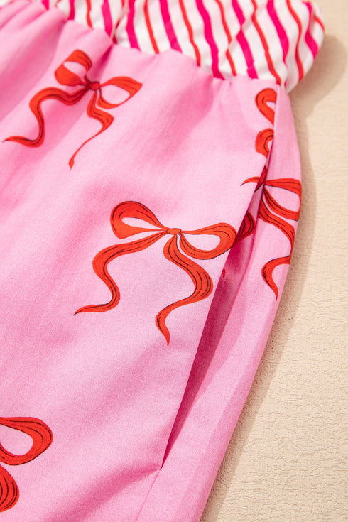 Bow Print Striped Patchwork Lace Trim Casual Shorts