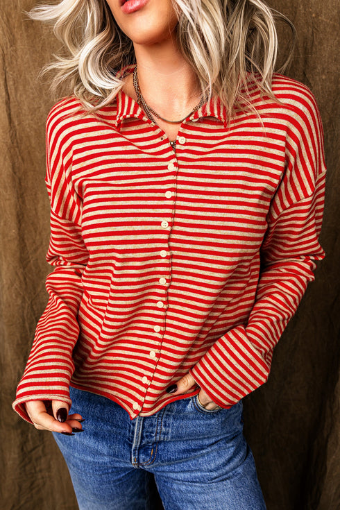 Striped Button Collar Long Sleeve Knit Cardigan