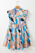 Abstract Geometric Print Flutter Sleeve Collared Tiered Dress
