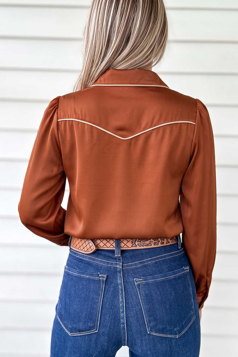 Silky Long Sleeve Button Front Western Fashion Blouse