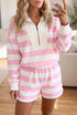 Striped Patchwork Zipper Pullover Elastic Waist Shorts Two Piece Short Set