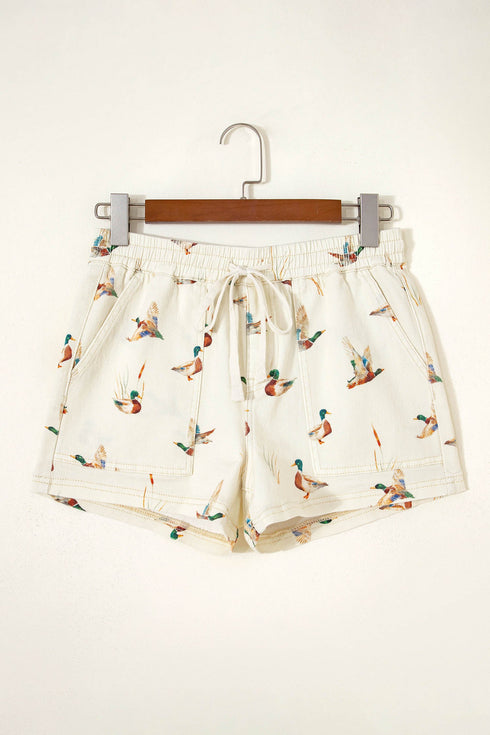 Wild Duck Mallard Print Drawstring Stretch Denim Shorts