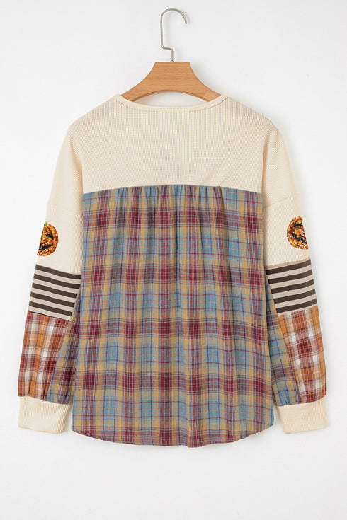 Sequined Pumpkin Face Patched Henley Waffle Tee