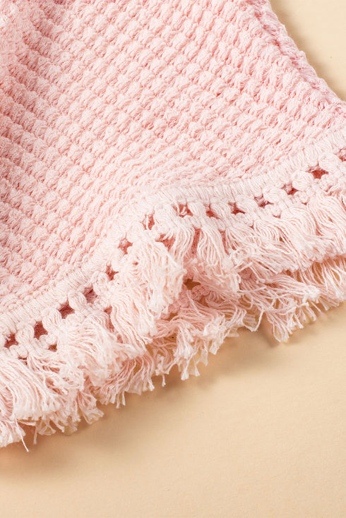 Solid Waffle Knit Fringe Trim Textured Short Set