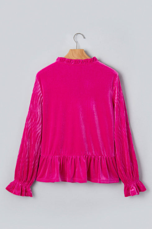 Velvet V Neck Ruffled Cuff Hem Long Sleeve Top