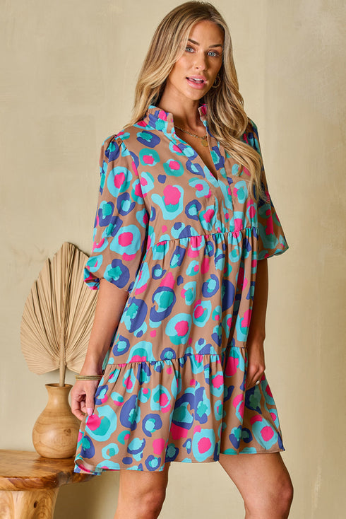Abstract Animal Print Puff Sleeve Tiered Dress