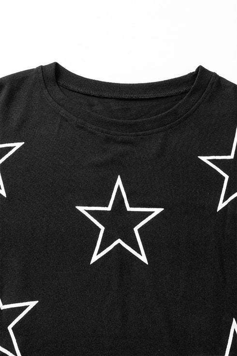 Star Print Long Sleeve Drawstring High Waist Pant Set