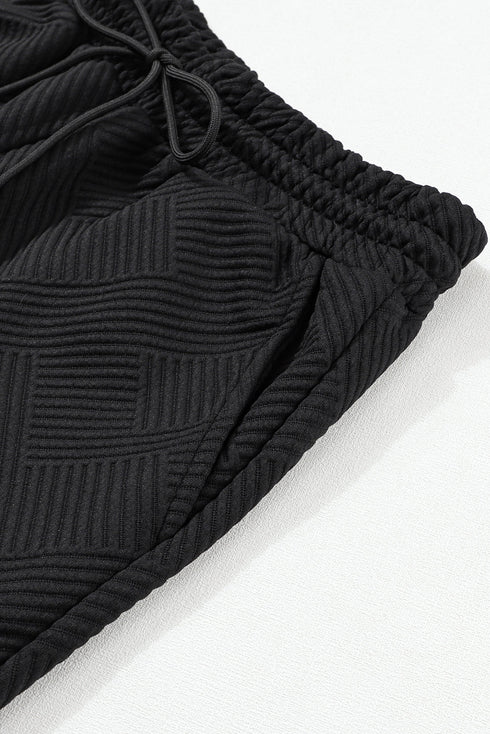 Textured Long Sleeve Top And Drawstring Lounge Short Sets