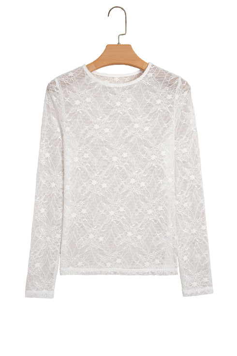 Sheer Mesh Lace Feminine Detail Long Sleeve Top