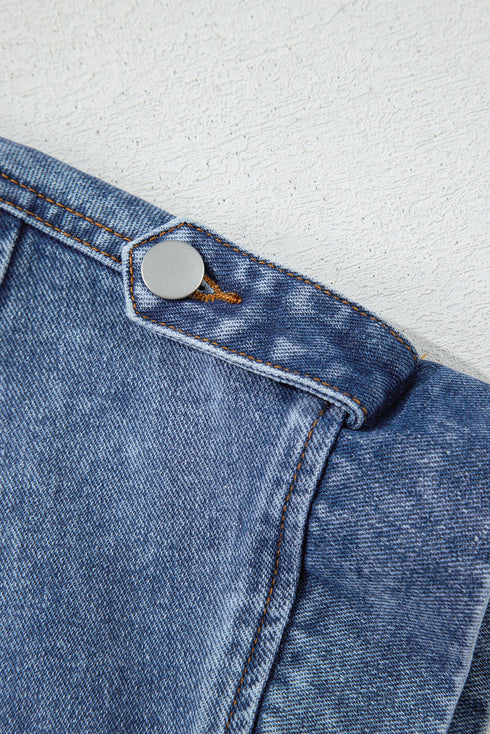 Solid Washed Button Up Elastic Hem Denim Vest